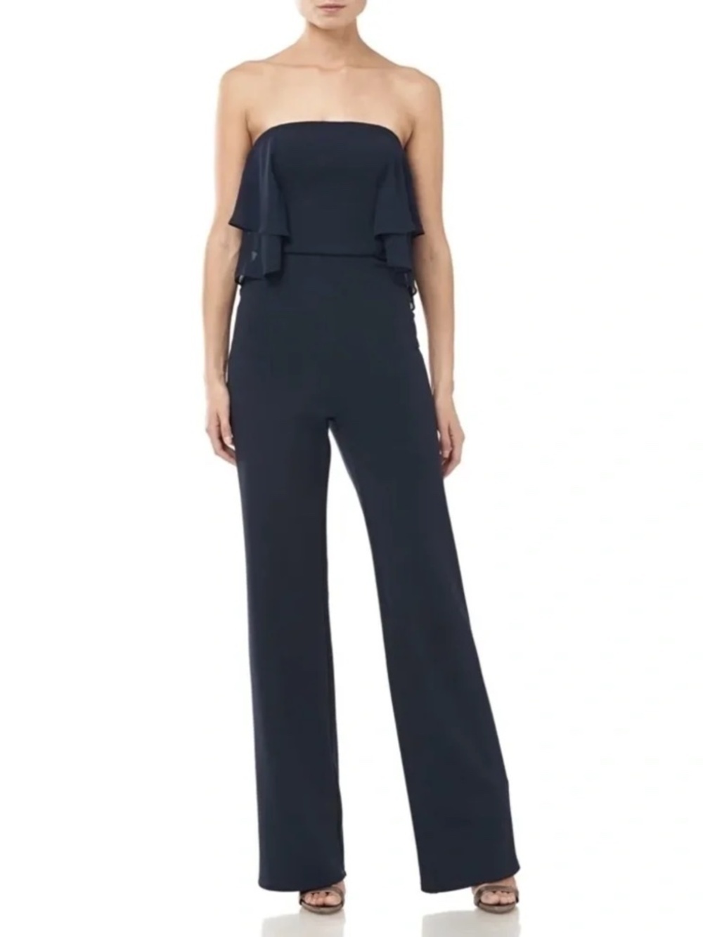 Halston Heritage NWT Strapless Chiffon Flowy Flounce Jumpsuit in Navy Sz. 6